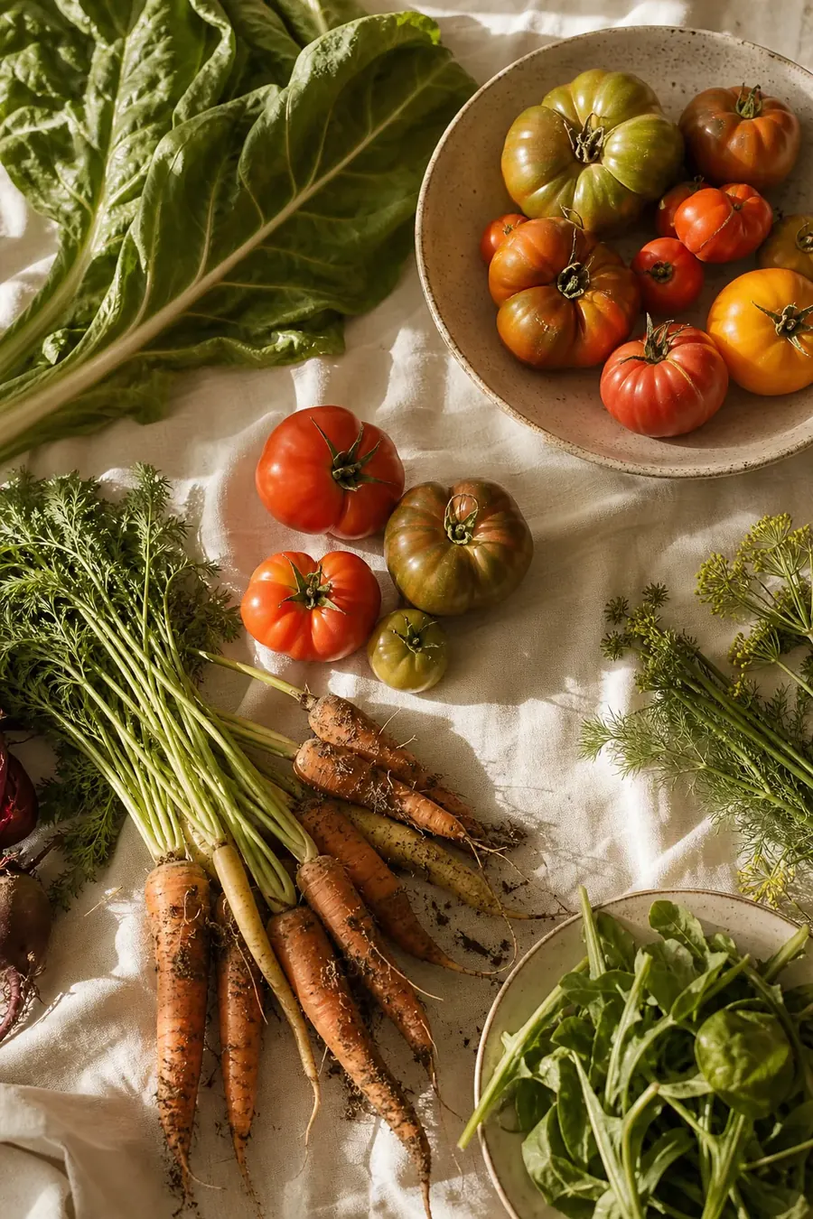Freshly harvested organic vegetables on linen
