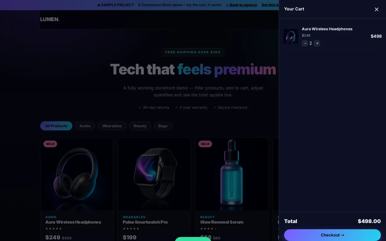 Lumen Commerce storefront and cart